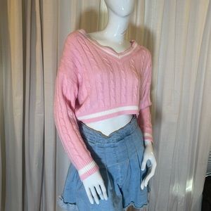 Pink V-Neck Cropped Sweater